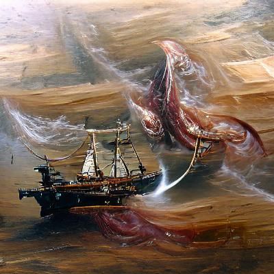 Ghost Pirate Ship vs Giant Squid: Oil Painting