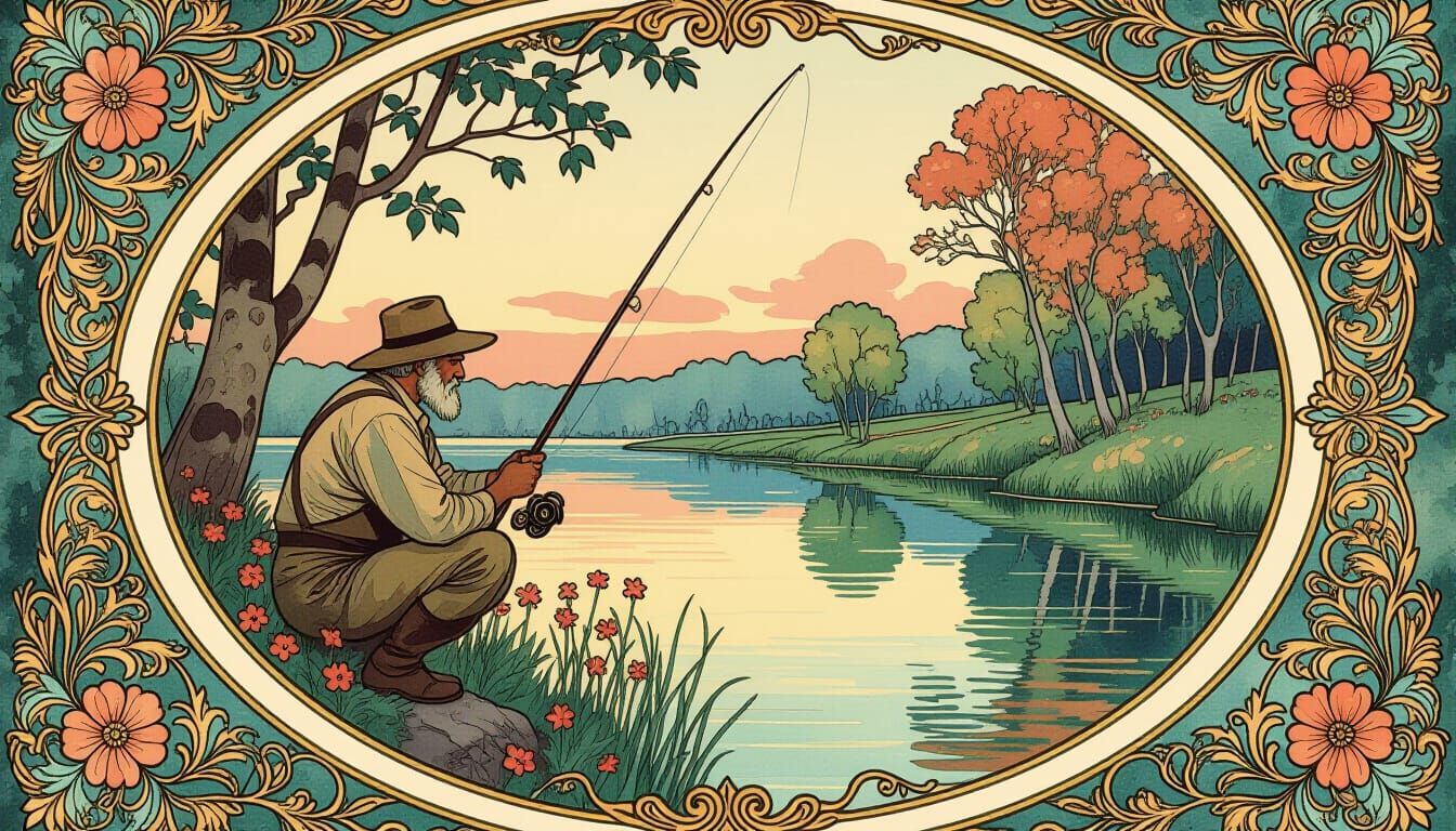 Art Nouveau Fisherman by Riverbank as Watercolor Masterpiece