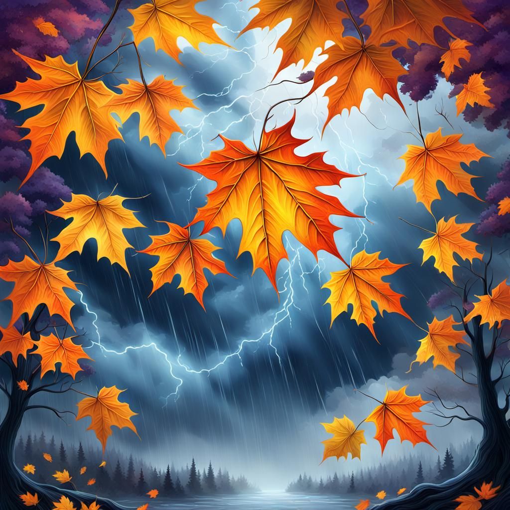 Autumn Storm Through Maple Leaf, Digital Matte Painting