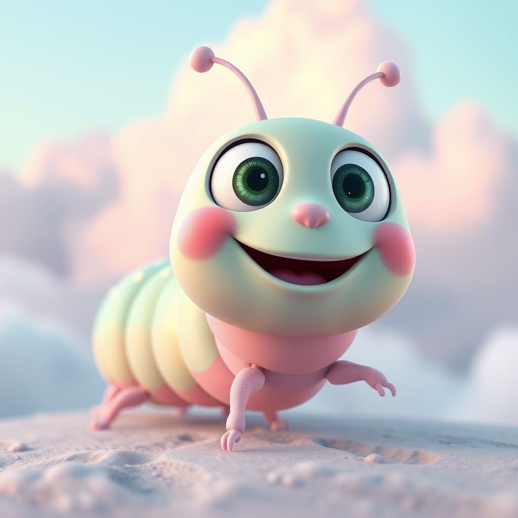 Joyful Caterpillar in Dreamy Pastel Cloudscape