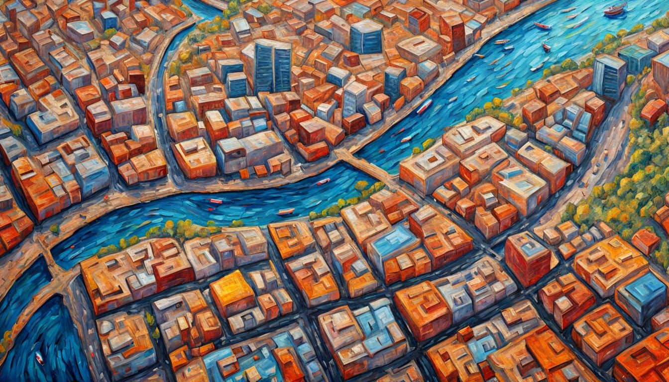 Topographic City Map as Impasto Oil Painting