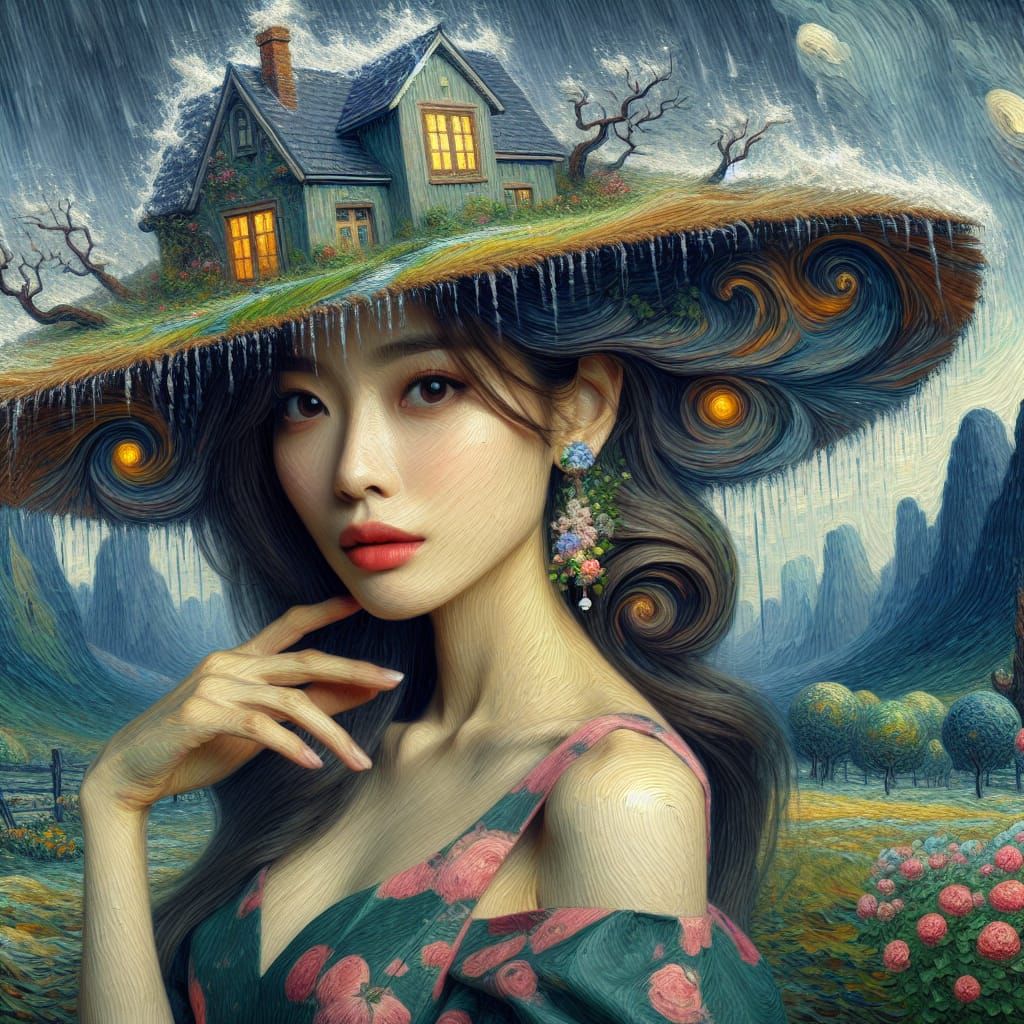 Woman with House Hat in Stormy Weather