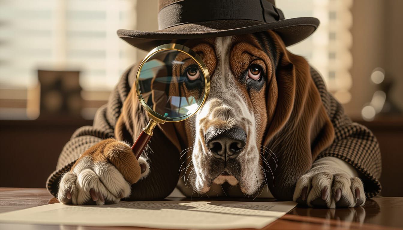 Basset Hound Detective with Magnifying Glass