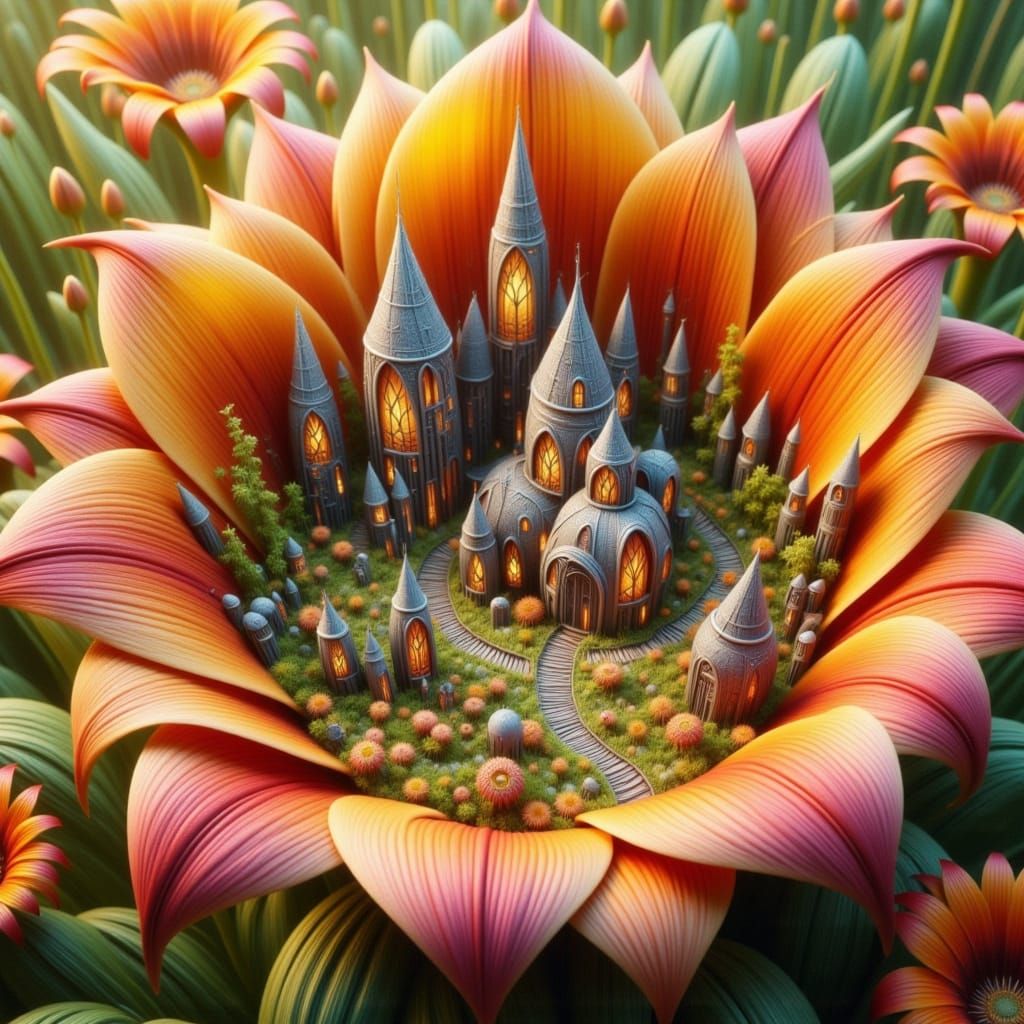 Whimsical Village Among Blossoms in Watercolor Style