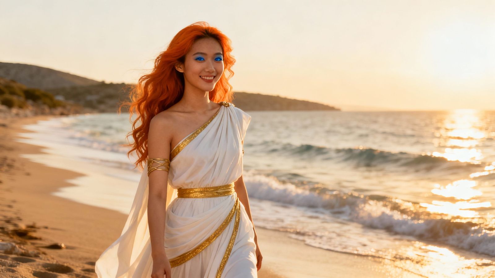 Goddess on Mediterranean Beach at Golden Hour