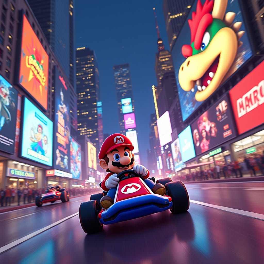 Mario Kart Races Through Times Square in Cyberpunk Art