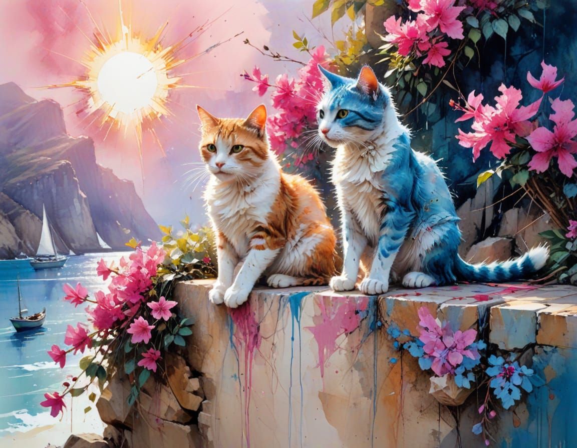 Cats on Amalfi Coast in Neo-Impressionist Style