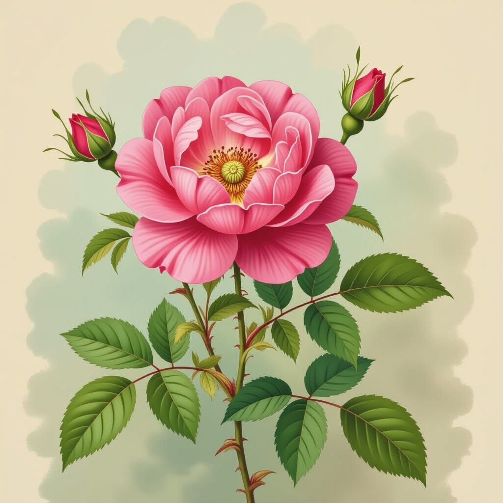 Magenta Wild Rose Engraving in Pierre-Joseph Redouté Style