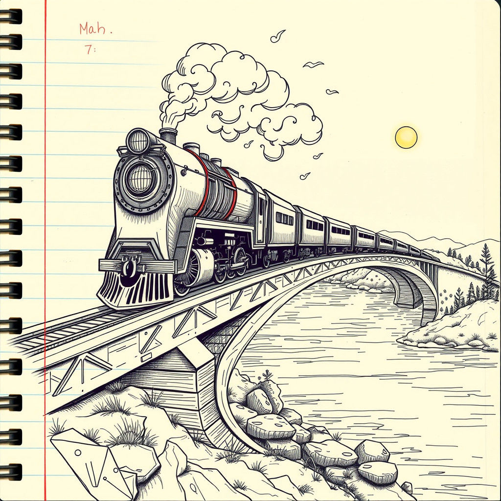 Doodle Art Deco Train on Vintage Bridge