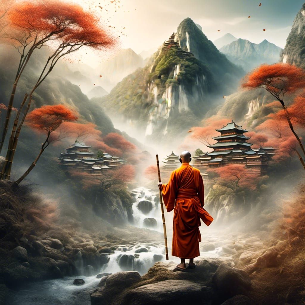 Asian Monk's Mountain Reverence: Watercolor Magic