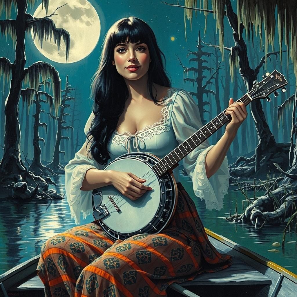 Banjo Player in Moonlit Swamp: Photorealistic Concept Art