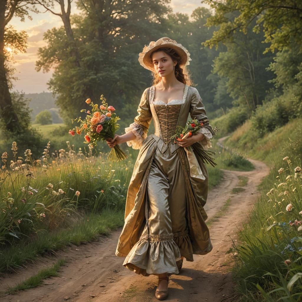 Baroque Woman with Flowers in Lush Meadow