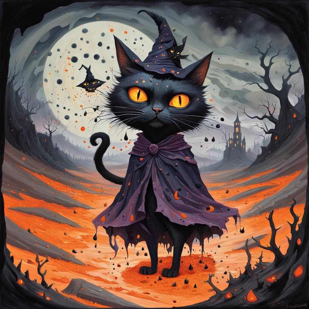 Halloween Cat Witch in Gouache Painting Style