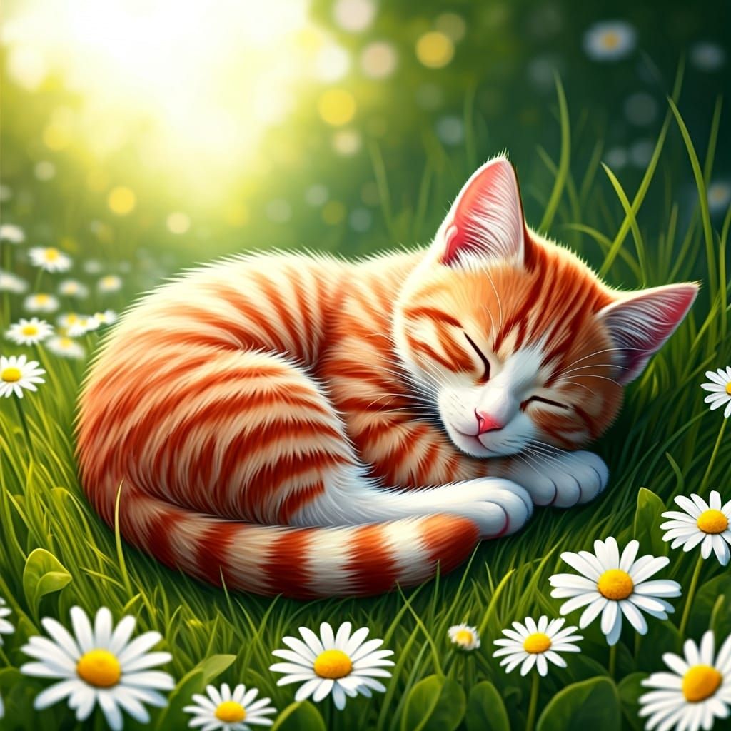 Red Kitten Sleeping Peacefully in Daisy Field