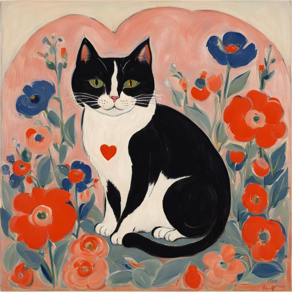 Whimsical Cat in a Vibrant Floral Setting, in the Style of S...