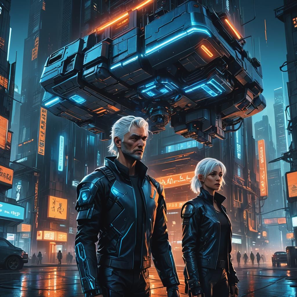 Cyberpunk Couple Hiding From Drone in Cityscape