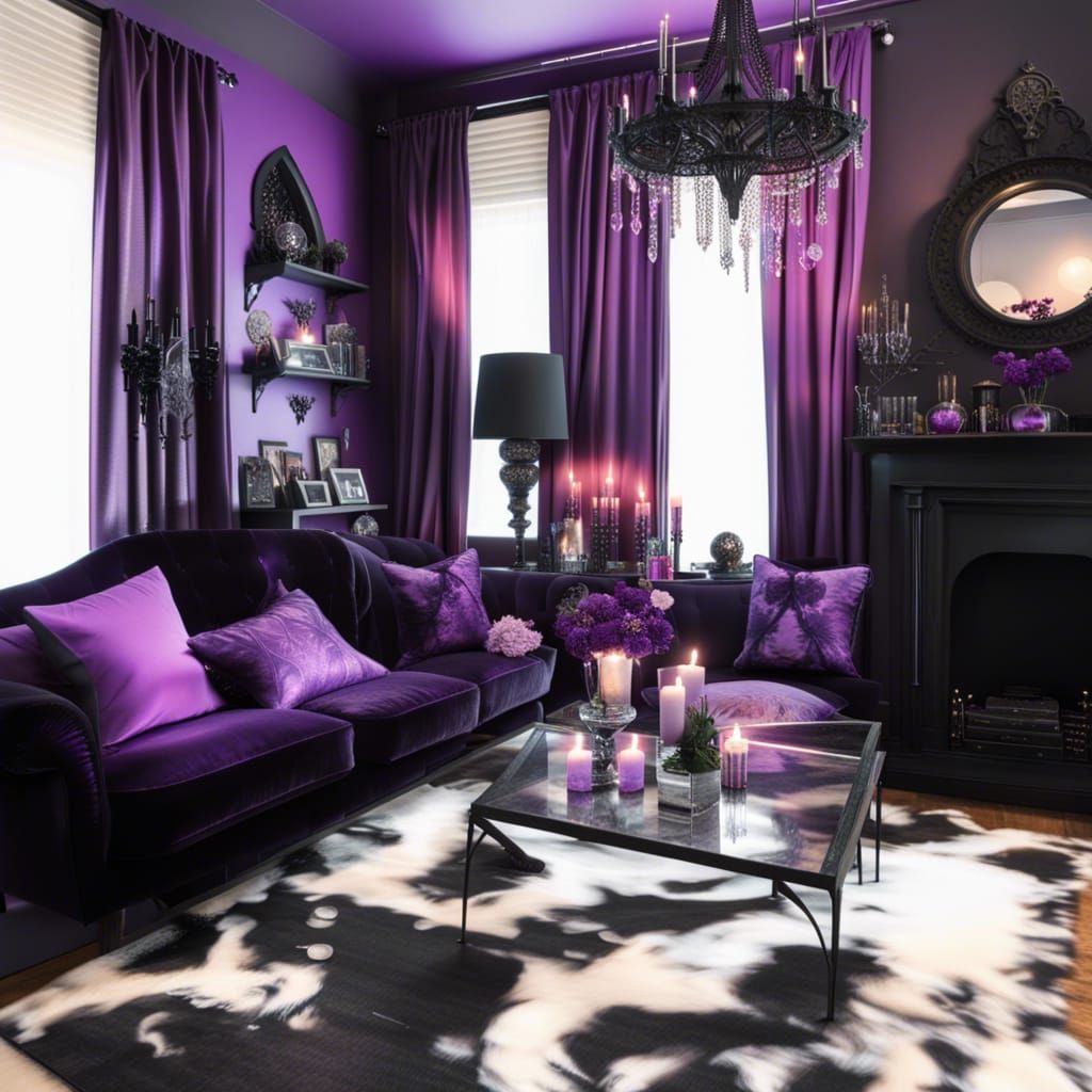 Ethereal gothic living room with black walls& black gothic windows with purple curtains& purple gothic furniture& purple...