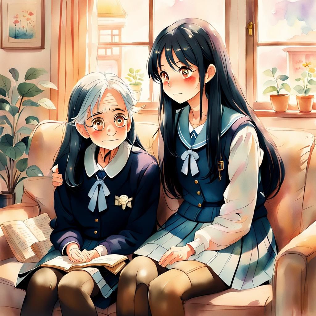 Anime Illustration: High School Girl with Grandmother
