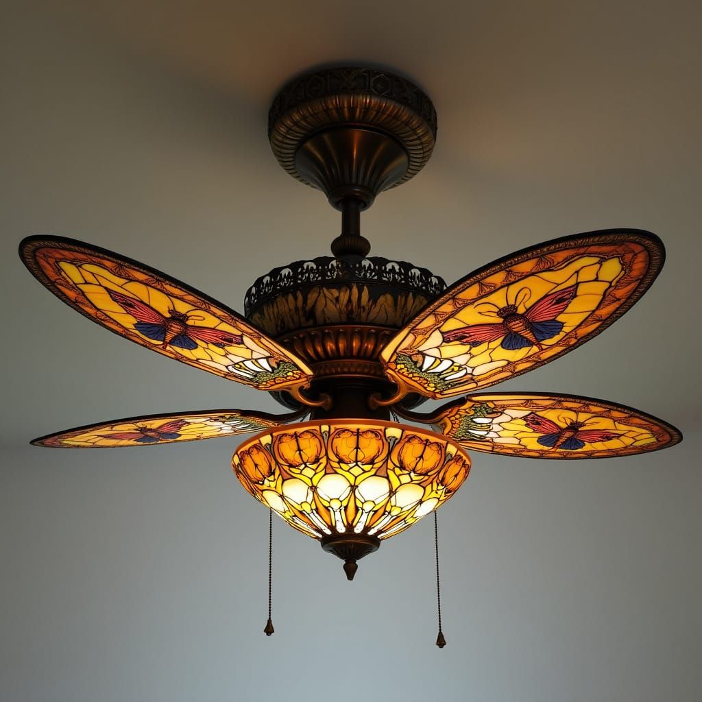 Art Nouveau Ceiling Fan with Moth Art