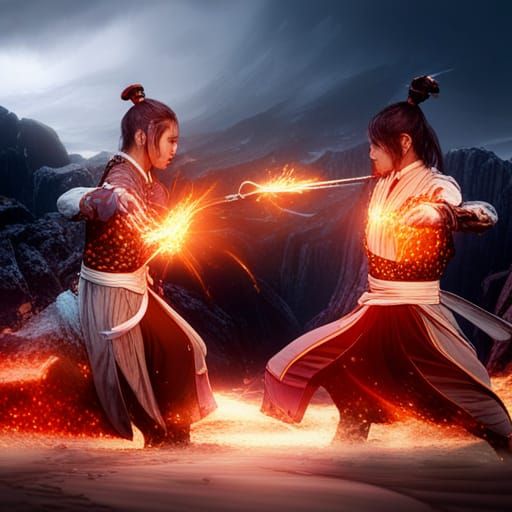 Martial Artists Battle with Glowing Energy Attacks