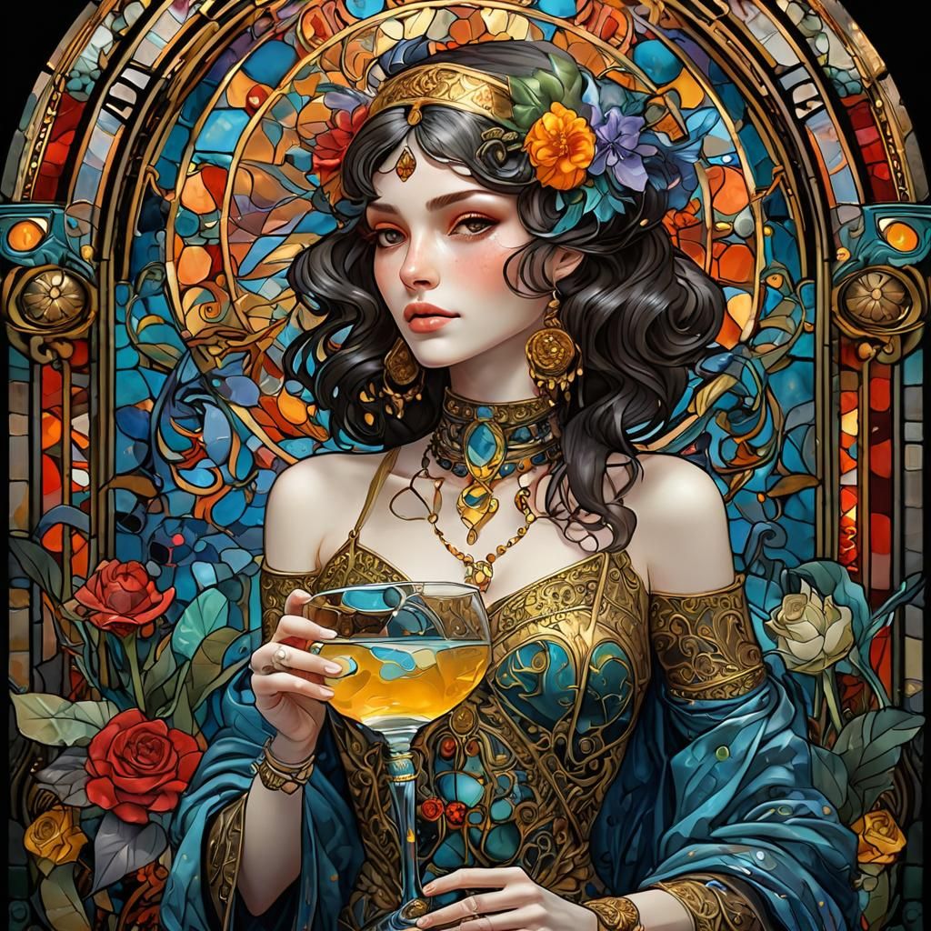 Stained Glass Skeleton Girl Drinking Cocktail