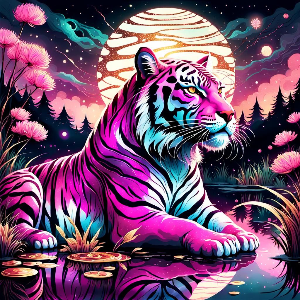 Pink and Gold Tiger in Nebula Landscape