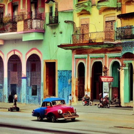 Colorful Cuban Street Scene in Vintage Style