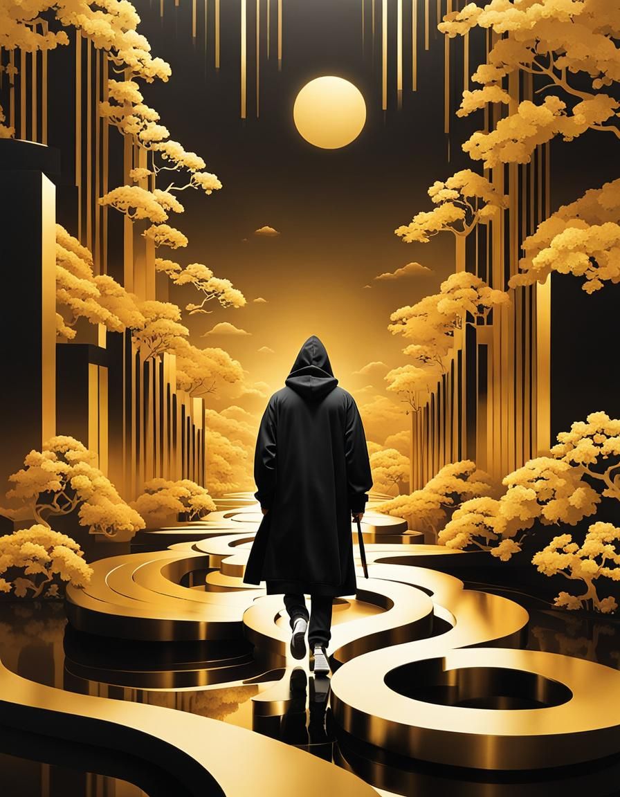 Minimalist Chinese Art: Golden Path With Figure