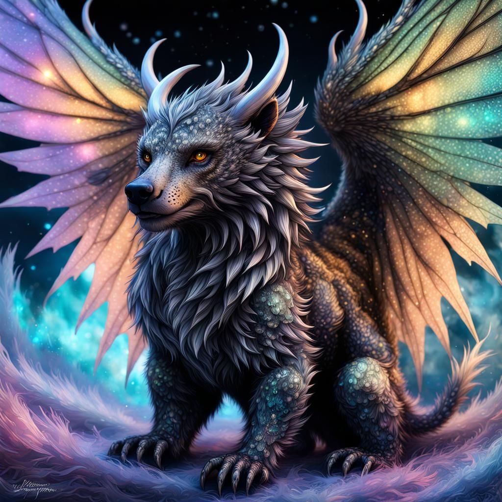 Winged Bear Dragon with Iridescent Stars, CGI Art