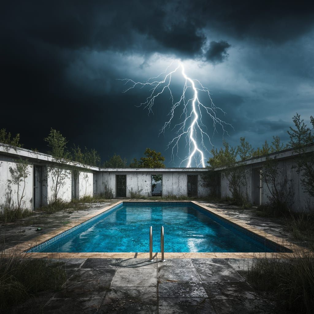 Dystopian Abandoned Pool in Thunderstorm