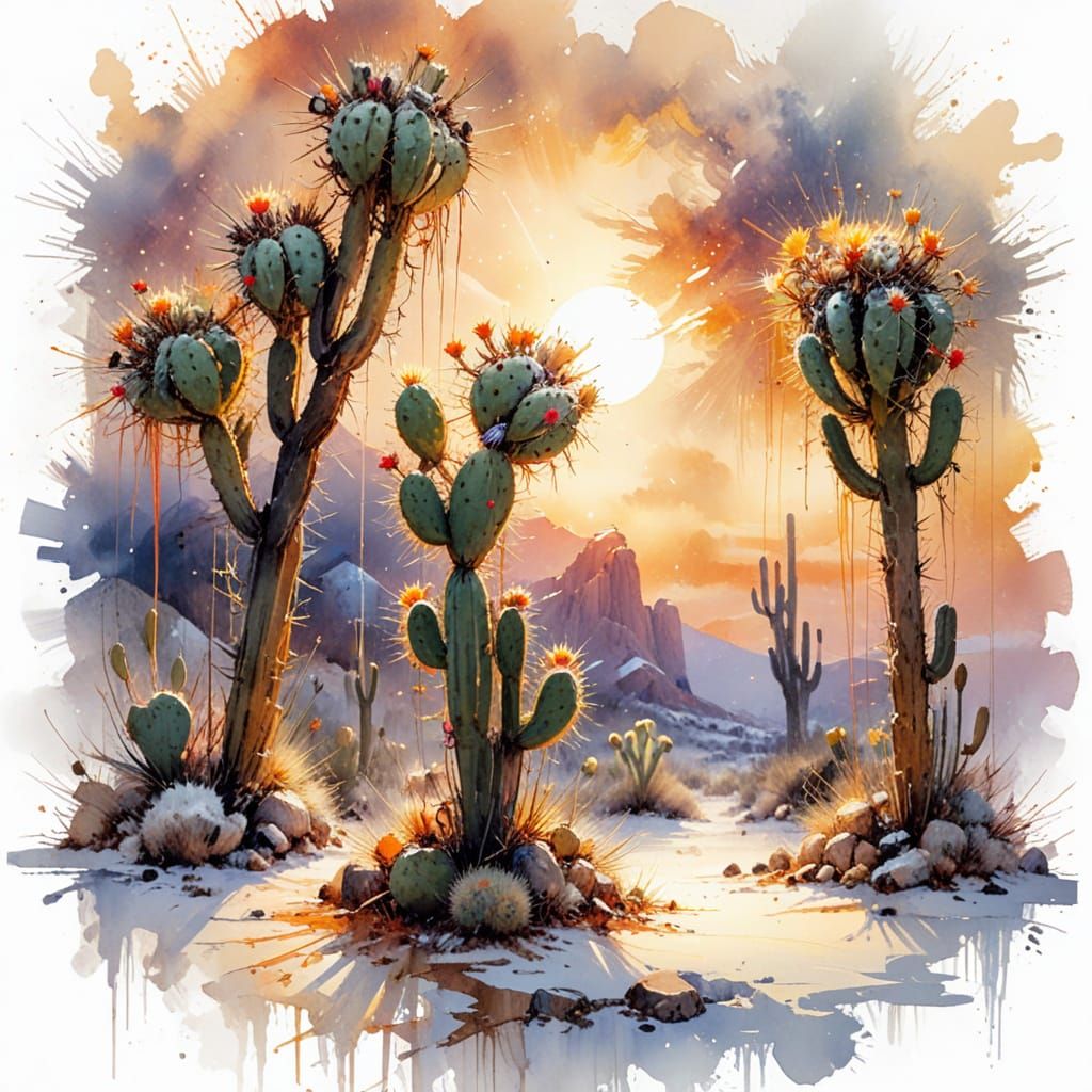 Cacti in Lunar Snowfall, Watercolour Summerscape