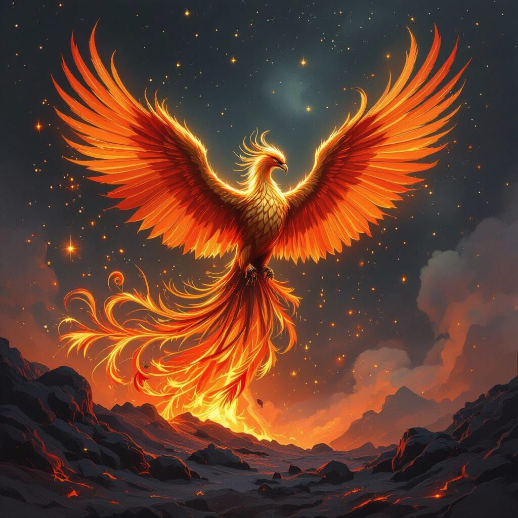 Phoenix Rising from Volcano in Fiery Art Style
