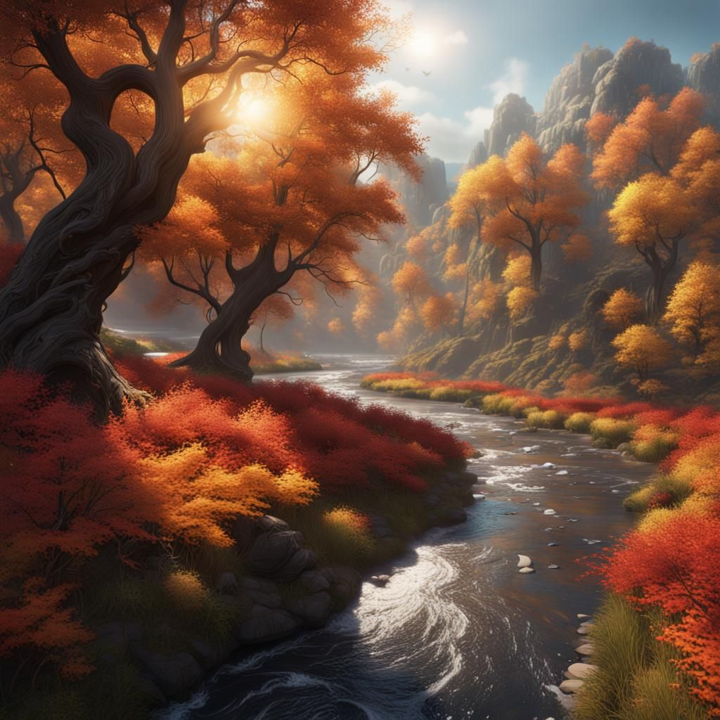 Autumn River Landscape in Detailed Matte Painting