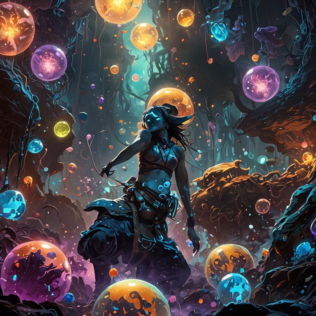 Adventurer Surrounded by Bioluminescent Wonders, Neon Ink Ar...