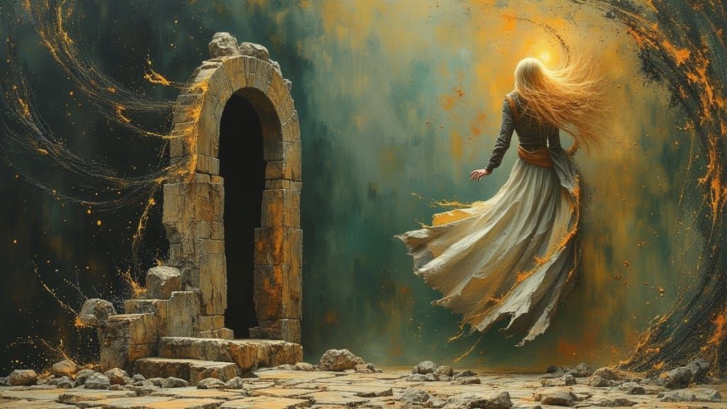 Ethereal Blonde Awakens Stone in Digital Oil Painting