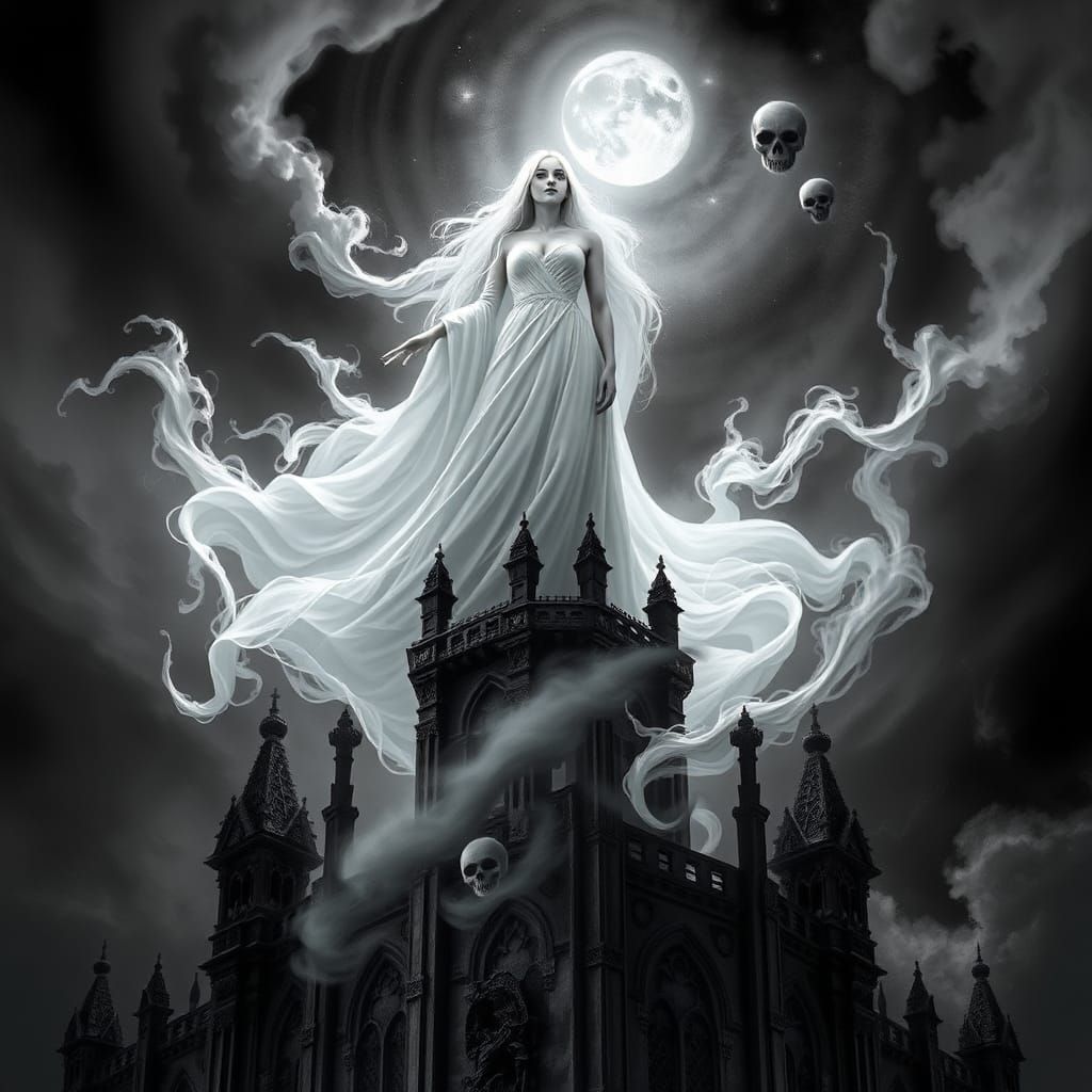 Dark fantasy, beautiful and ethereal female ghost figure, pale white face, flowing white robe, gothic architecture, swir...