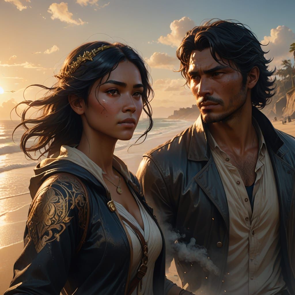 Hyperdetailed Beach Scene of Teenage Girl and Boy