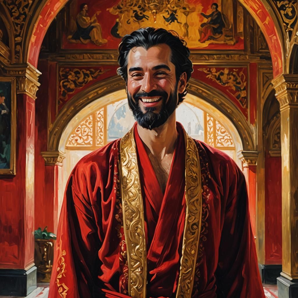 Joyful Man in Red Robe: Impressionist Palace Portrait