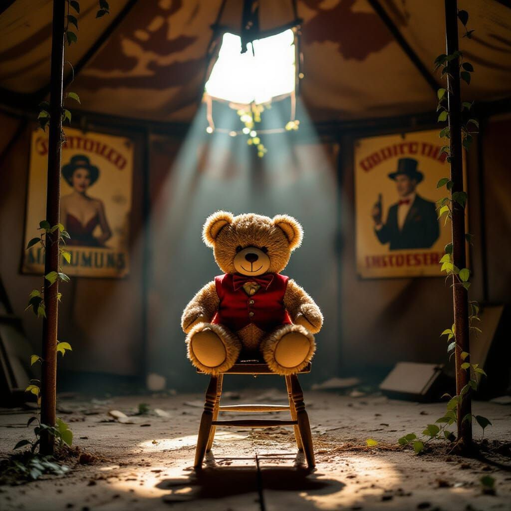 Melancholic Teddy Bear in Abandoned Circus Tent