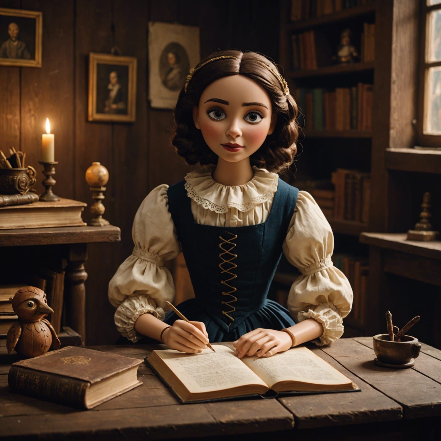 Captivating Wooden Puppet Reading 'Gepetto' in Cozy Room