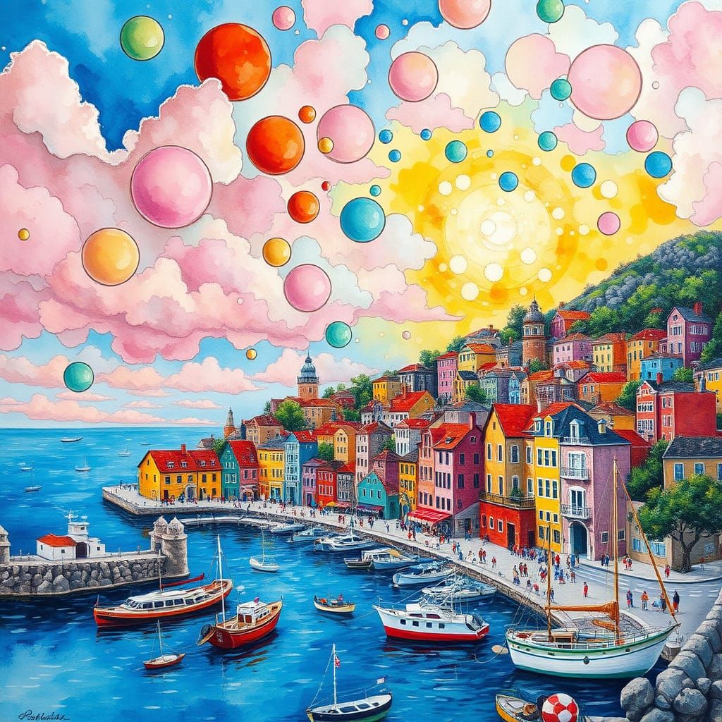 Vibrant Coastal Village in Impressionist Style