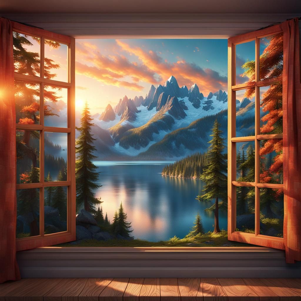 Sunset Through Window onto Lake and Mountains