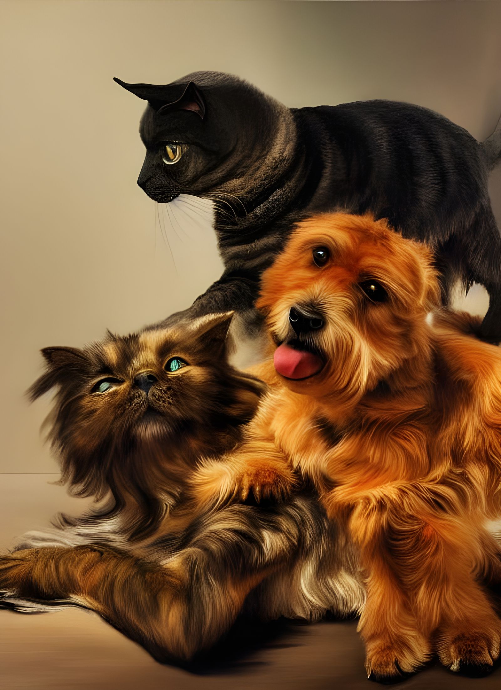 Affectionate Dog and Cat, Photorealistic Digital Art