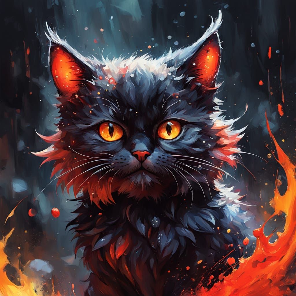 Chibi Cat Devil in Neo-Impressionist Oil Painting