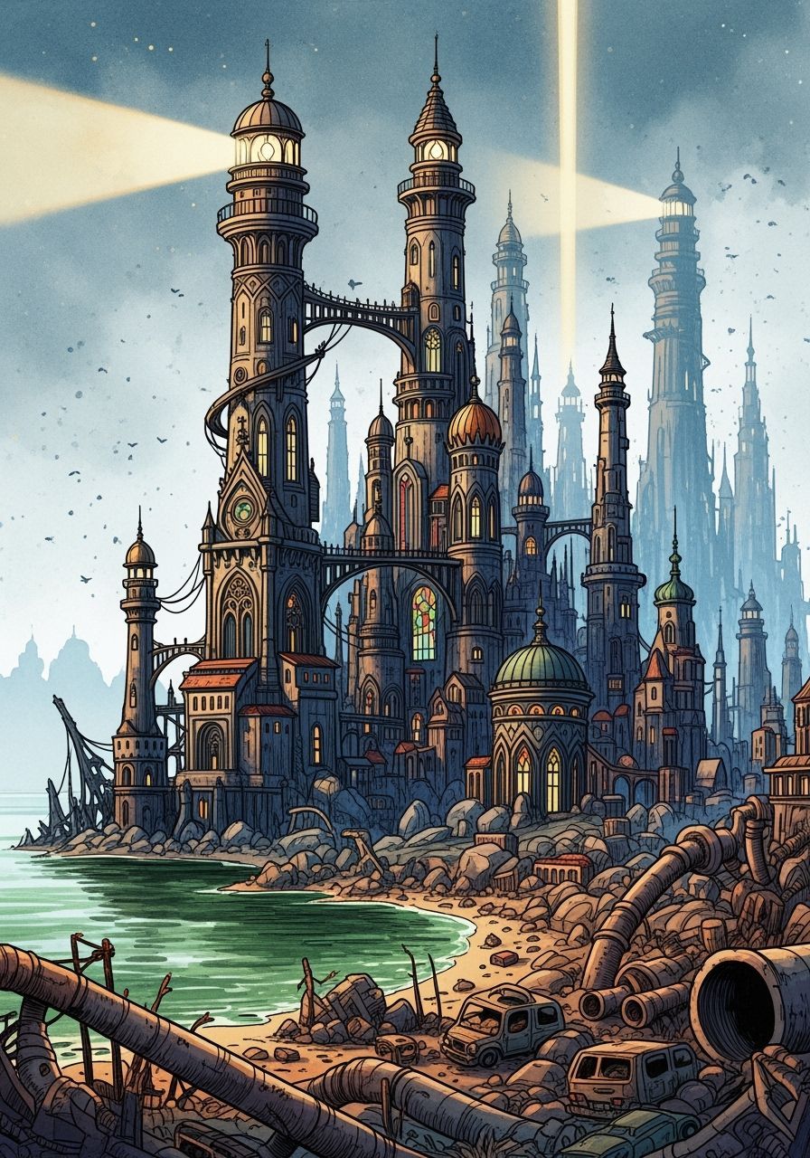 Colossal Lighthouse City on Rocky Coast in Gothic Style