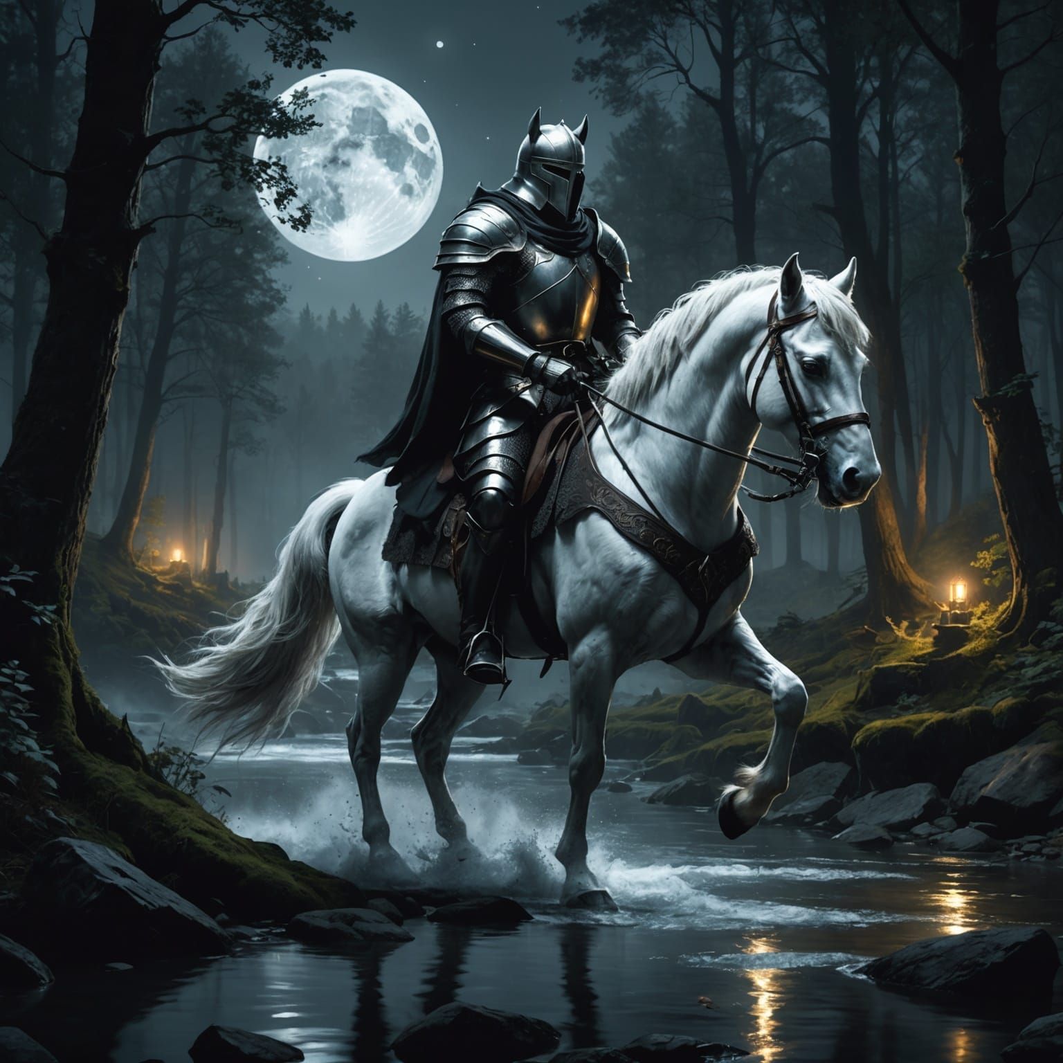 Epic Knight in Black Armor in Enchanted Forest