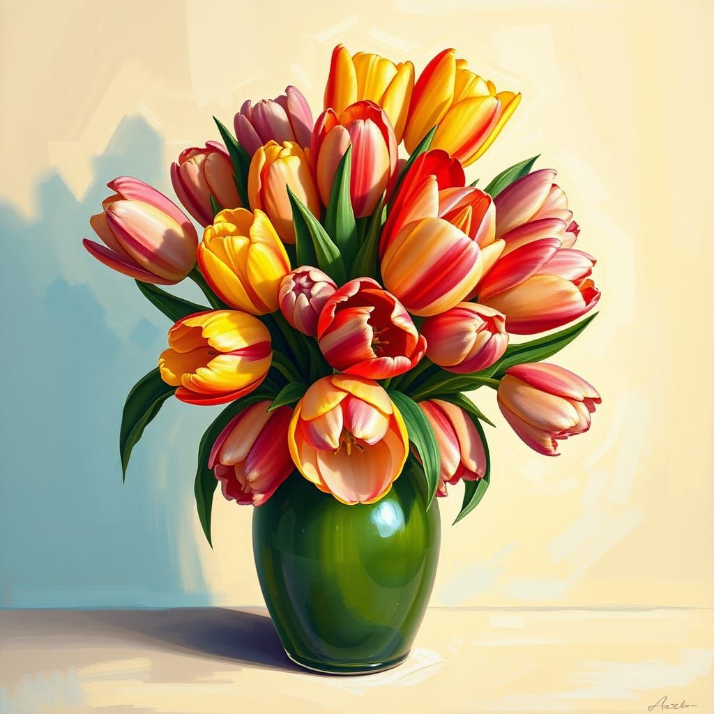 Vibrant Floral Bouquet in a Green Vase Acrylic Painting
