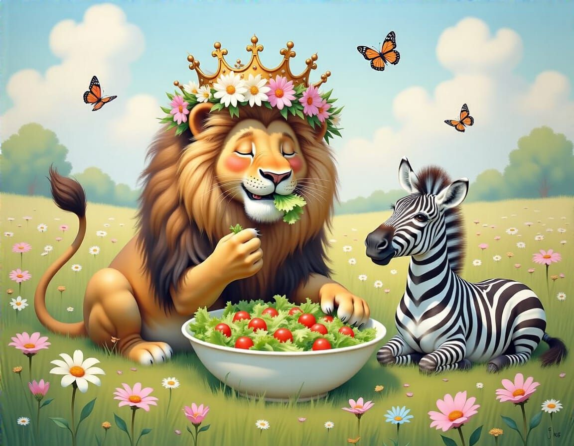 Whimsical Oil Painting of a Lion Eating Salad