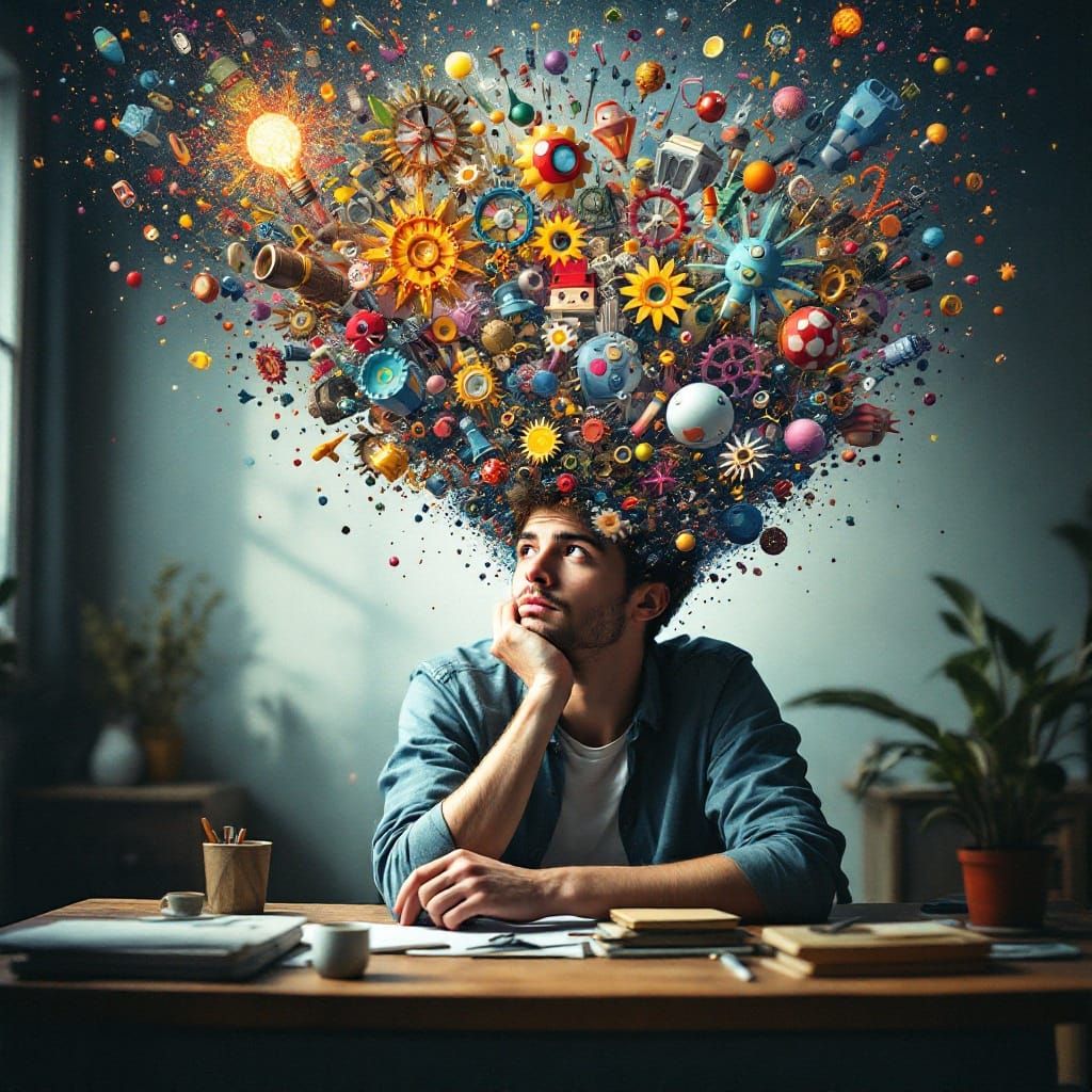 Thoughtful Young Man Surrounded by Whimsical Vortex of Imagi...