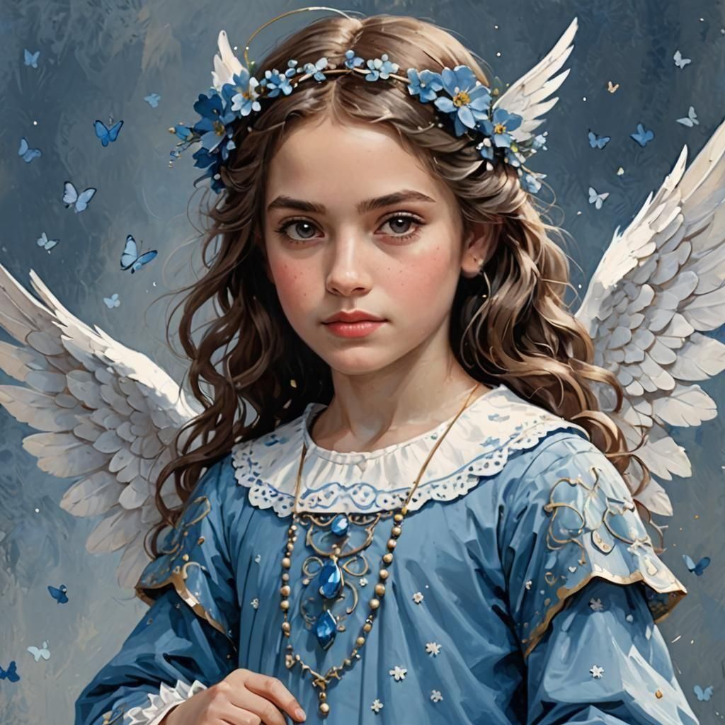 Blue Angel with Open Wings and Polka Dot Dress